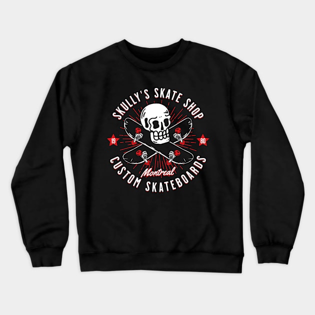 Skully's Skate Shop Vintage Skateboarding Skull Custom Board Crewneck Sweatshirt by Wasabi Snake